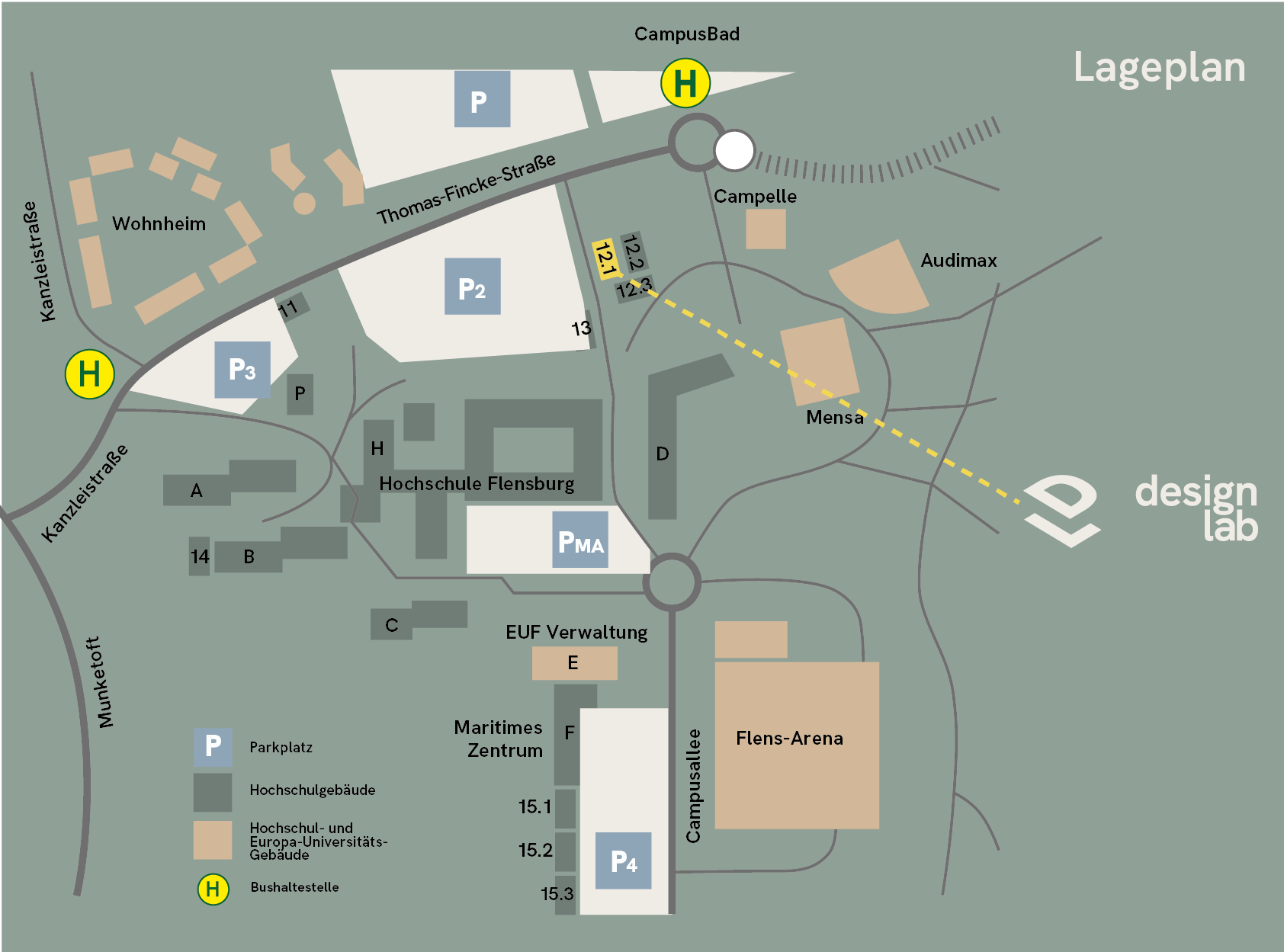 Karte des Campus mit dem Standort des DesignLab